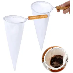 2Pcs Coffee Strainer Cloth, Reusable Flannel Cloth Filter Coffee Pour Over Filters with Wood Handle Handmade Tea Sock Strainer (White)