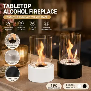 Portable Stainless Steel Tabletop Fireplace, Round Glass Strip Ambient Light Outdoor Heater, Valentine's Day Couple Gift Creative, Warming Heater