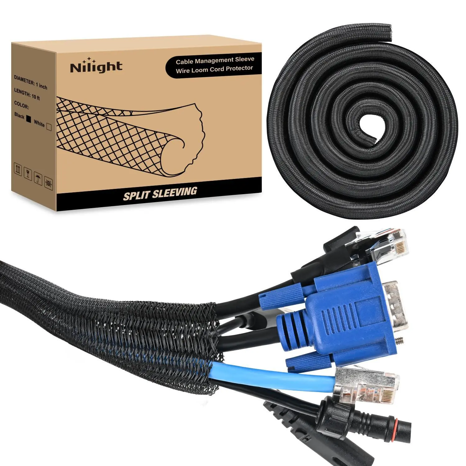 Nilight Round Polyester Split Self-Wrapping Braided Cable Sleeve - 1 Pc 25ft Long 1/2in Diameter Black, Easy Installation Wire Management for Automotive, Indoor TV/Computer Wire Protects, Cable Sleeves