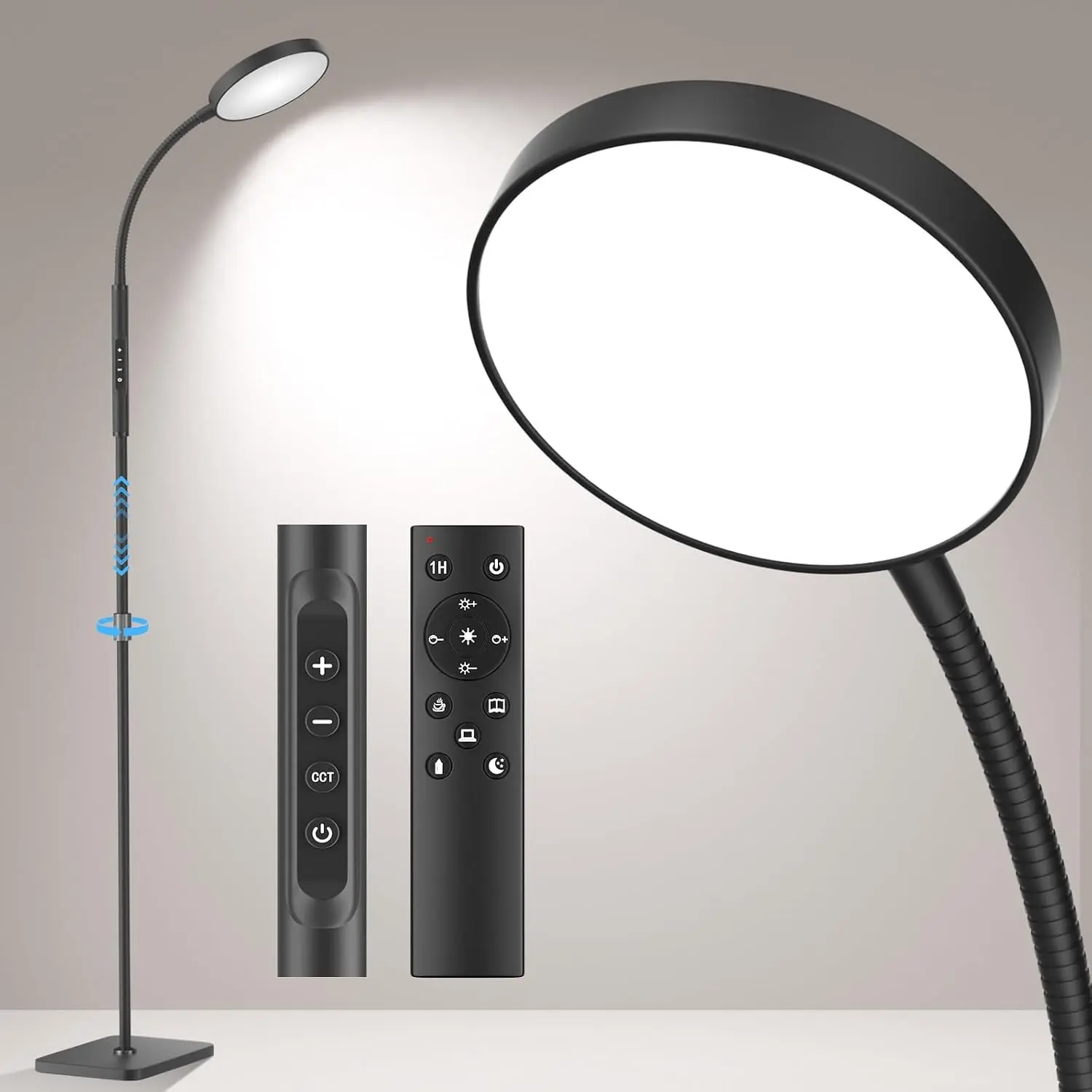 Adjustable Height Floor Lamp for Living Room Bedroom, 120 LED Super Bright Standing Lamp with Remote & Touch Control Dimmable Gooseneck Tall Reading Lamp for Office Craft, Black