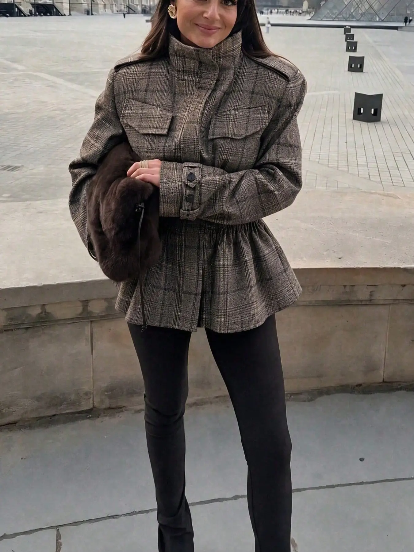 Women's Fashion Spring Jacket Coats, Plaid Pockets, Pleated Hem, Waist Cinch Design, Stylish Outerwear for Women, Perfect for Casual Wear