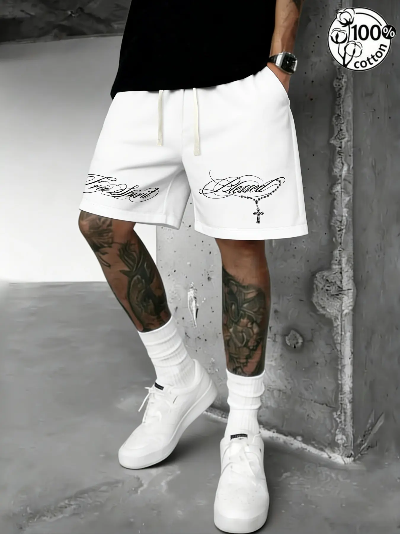 Unisex 100% Cotton White Baggy Drawstring Knee Shorts with "Free Spirit" & "Blessed" Cross Rosary Graphic Print American Clean Fit Casual Street Bottoms Breathable Summer Shorts