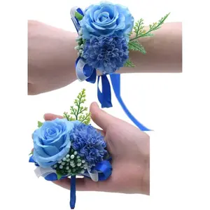 Rose Flower Corsage and Boutonniere Set 2,Handmade Silk Flowers Corsage Wristlet Wedding Accessories for Brides,Bridal Shower Gifts for Prom Party Homecoming Bridesmaid Wedding Ornament (Royal Blue)