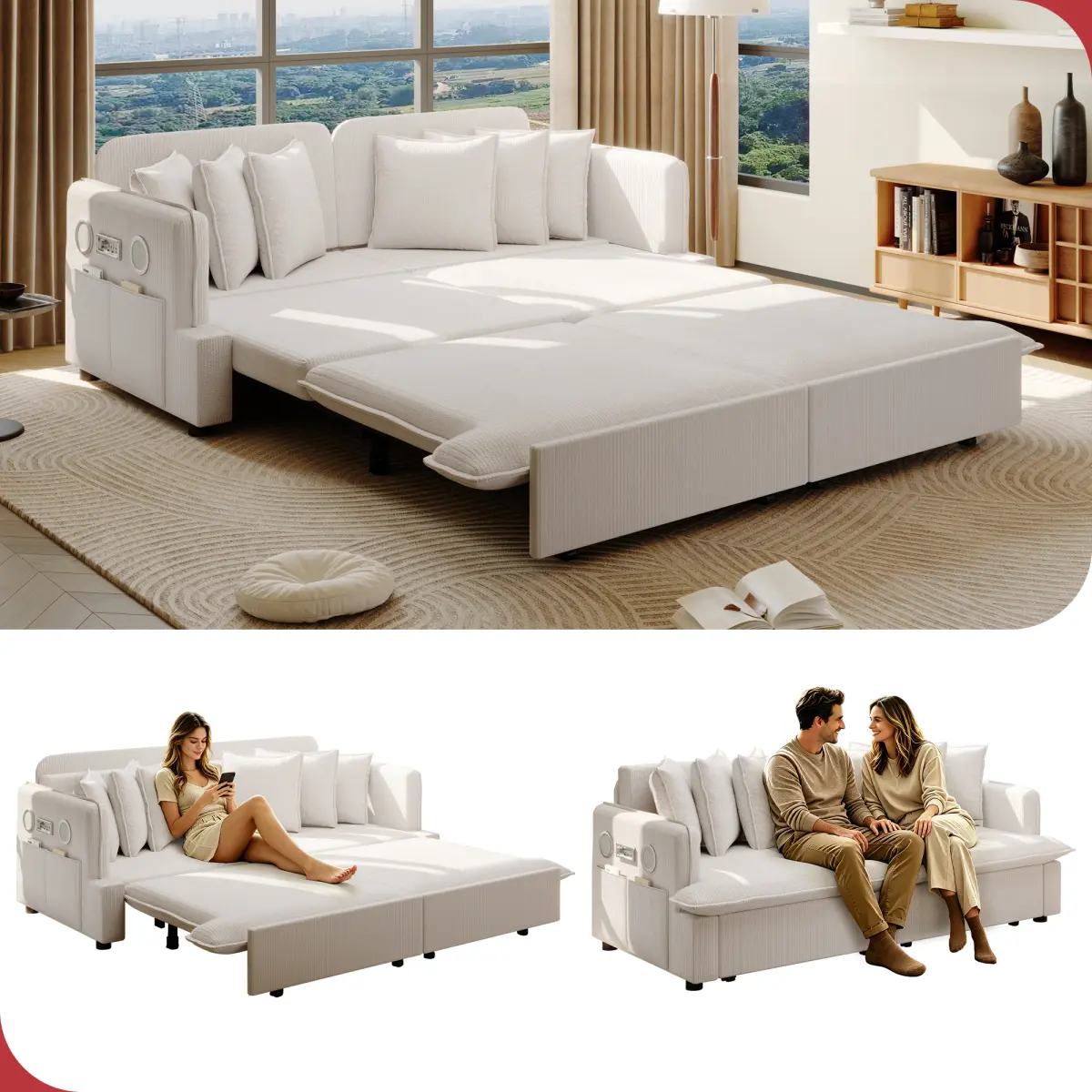 Aobtkel67.7 "Pull Out Sofa Bed, 3-in-1 Corduroy Multifunctional Sleeper Sofa with Bluetooth Speakers, USB Ports, Multiple Pillows and Side Pockets,  for Apartment, Living Room,Office,Beige&White