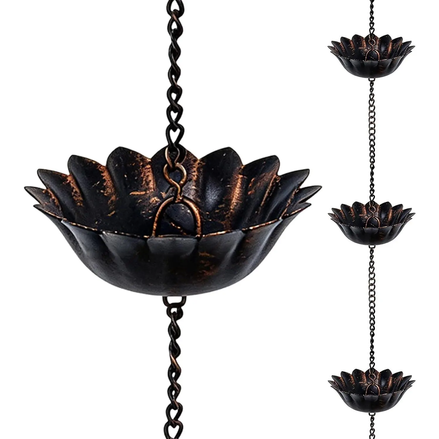 8.5FT Decorative Metal Rain Chain with 12 Cups for Outdoor Gutters, Rain Catcher with Adapter, Stake & Bell for Downspout Replacement, Garden Drainage and Eaves