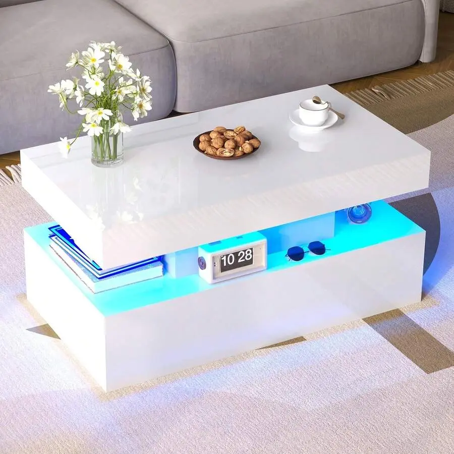Coffee Table With LED Light, Modern Gloss Finish Center Table With 2-Tier Storage Space, Minimalist Coffee Table Living Room