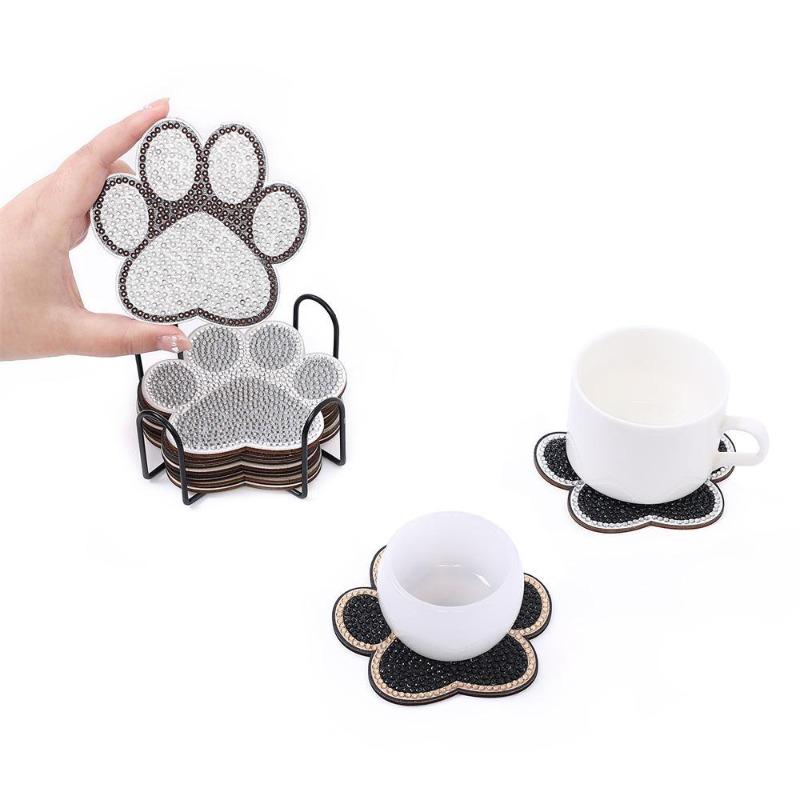 10 Irregular Dog Claw Patterned Artificial Diamond Painting Coasters With Stand, Diy Crystal Diamond Art Wooden Coasters For Adults, Decorative Table Mats For Office Home Coffee Table, Handmade Crafts And Practical Daily Supplies Gift