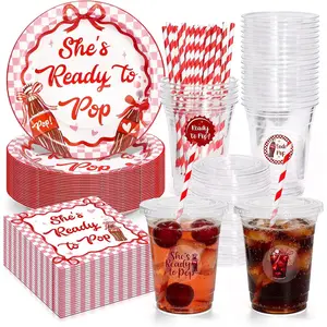 Shes Ready to Pop Baby Shower Decorations, 120PCS Retro Soda Party Decor include 24 Disposable Cups with Lid 24 Straws 24 Plates 24 Napkins for Gender Reveal Pregnancy Newborn Party Supplies- Serve 24