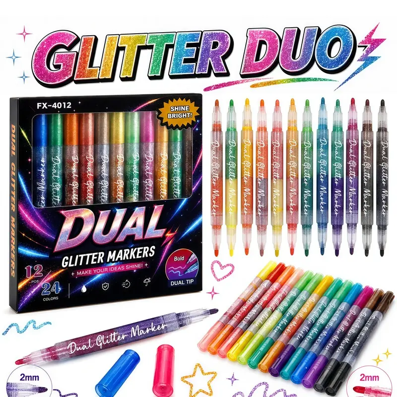 12PCS24 Colors Dual Color Glitter Markers feature sparkling glitter effects and smooth ink flow. Each marker contains two vibrant colors, creating unique shimmer effects. Ideal for adding colorful details and brilliant highlights on various paper surfaces