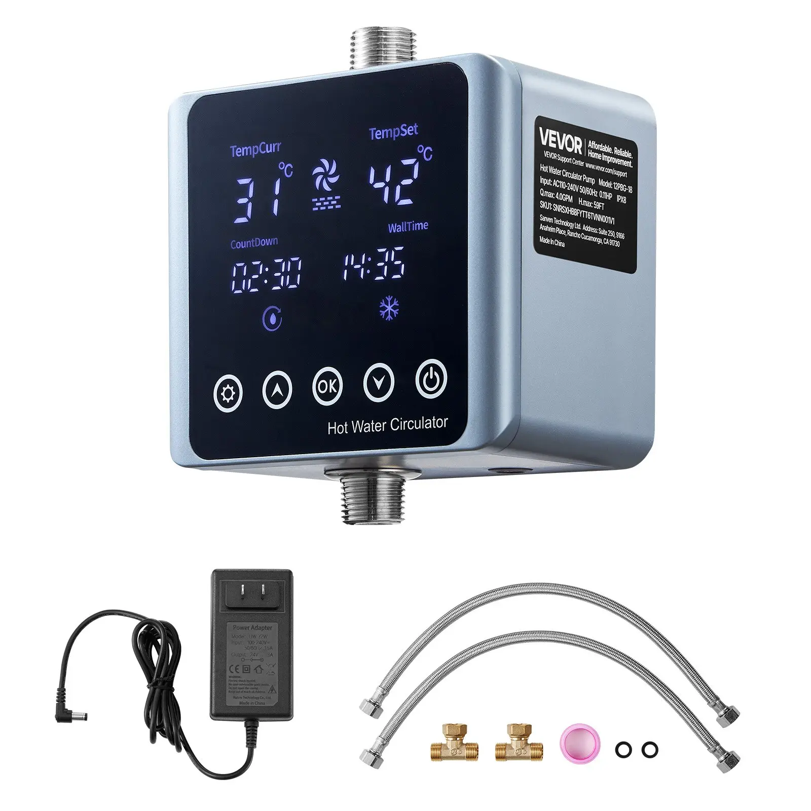 【DealsForYouDays】VEVOR Digital Smart Instant Hot Water Recirculating Pump Kit Set, Easy-Install Thermostatic Brass Pump with Built-In Thermostat, Timer, Digital Display, Max 4GPM Under Sink Water Heating System for Home Users