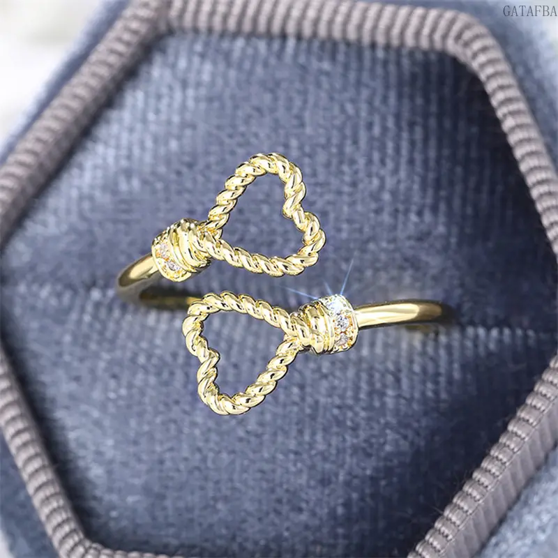 Adjustable Open Heart Ring for Women, Rope Texture Minimalist Heart Shape Daily Hand Jewelry