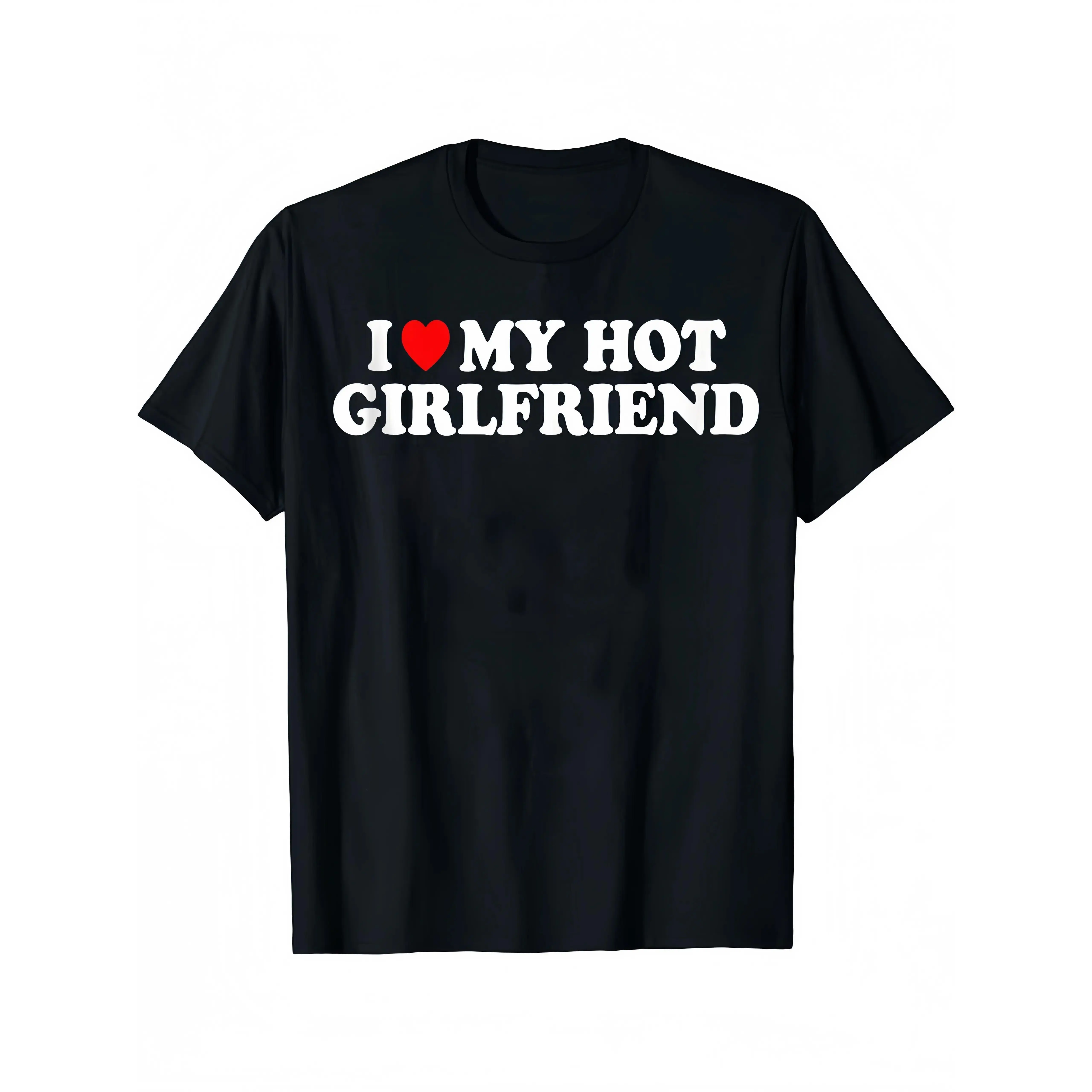 Graphic Print Crewneck Top with "I Love My Hot Girlfriend" Slogan, Funny Valentines Day Gift Clothes for Boyfriend, All Seasons, All Over Print, Casual, Cotton, Crew Neck, Machine Washable, Men's