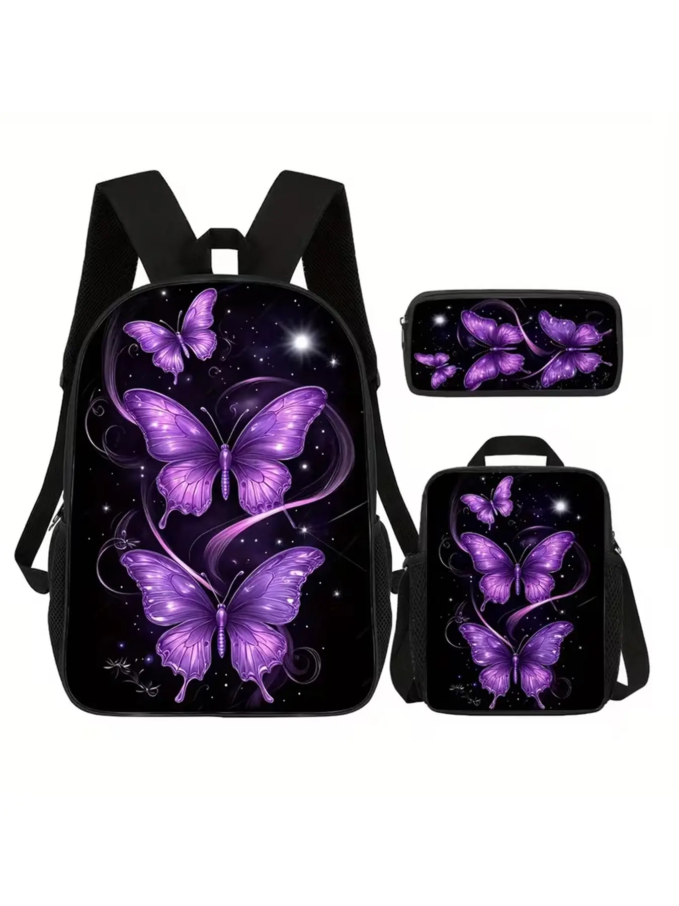 3Pcs Backpack Set, Purple Butterfly Starry Sky Graphic School Backpack with Lunch Bag & Pencil Case, Back to School Gift, Christmas Holiday Gift for Kids Teens Girls, Large Capacity Student Bookbag