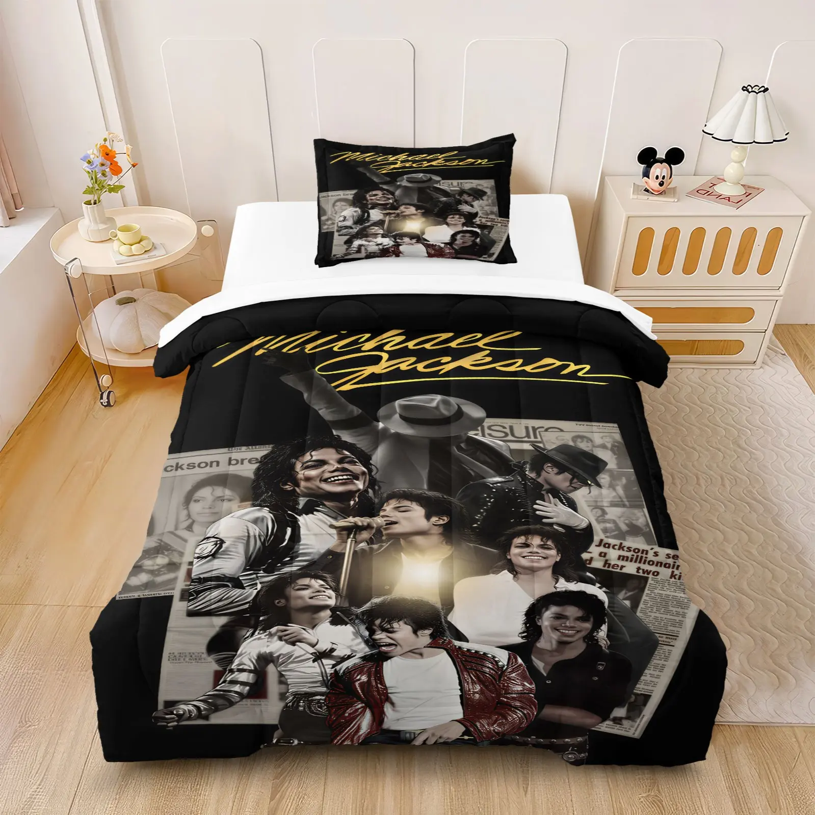 2/3Pcs American Street Collage MJ Fun Graphic Print Comforter Set, Retro Rock Icon Design, Unique Cool Bedroom Bedding (Comforter Included, Pillow Inserts Not Included)