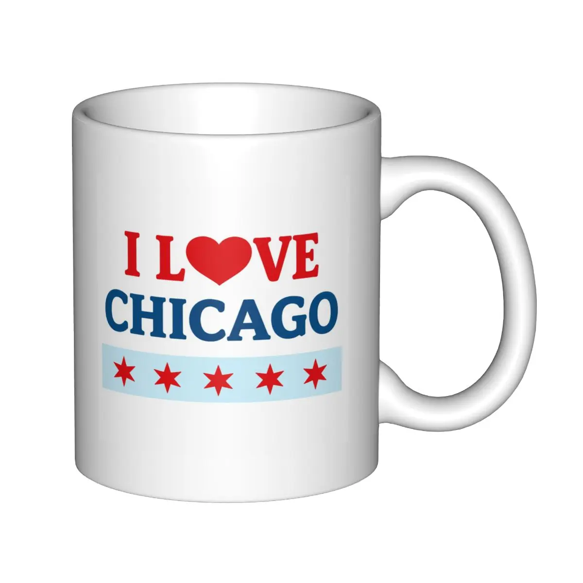 I Love Chicago Coffee Mug 11oz White Ceramic Cup, Chicago City Flag Five‑Star Graphic Print, Classic Chicago Souvenir Tea Cup # ChicagoMug # ILoveChicago # ChicagoSouvenir