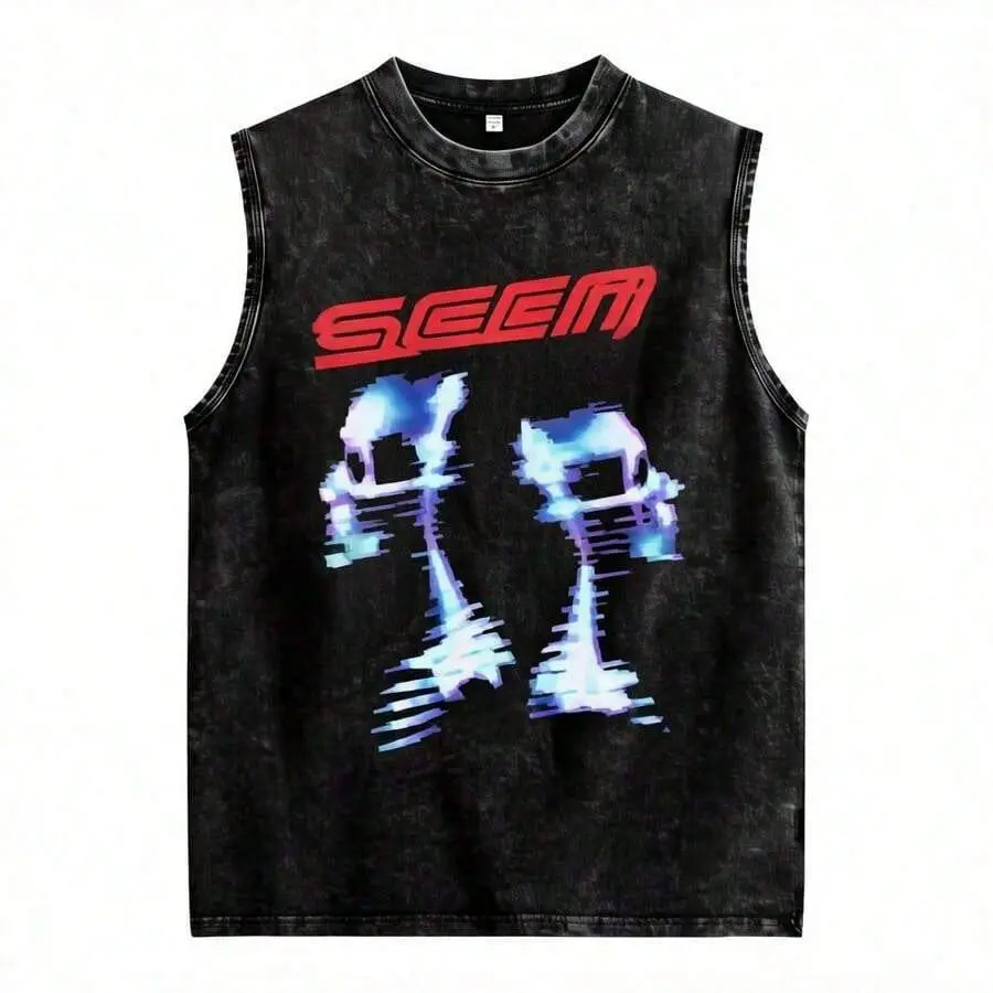 Men's Washed Sleeveless Tank Top – Y2K Retro-Futurist Print (Red & Blue Contrast Glitch-Style Skull / Acid Design)