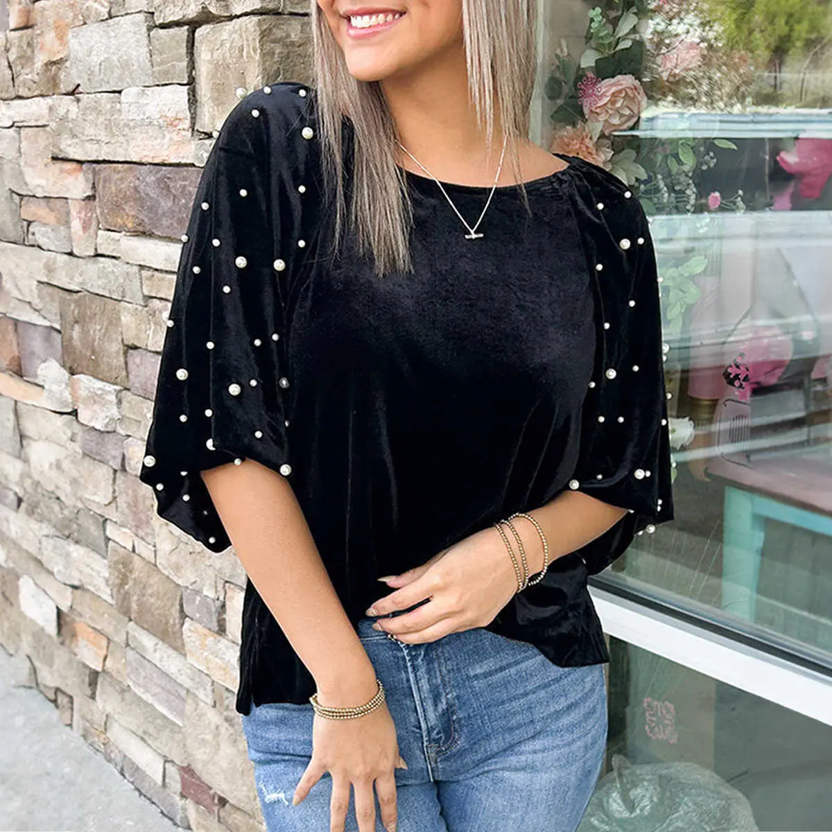 Elegant Velvet Blouse for Women, Black Pearl Beaded Round Neck Top with Half Puff Sleeves for Special Occasions