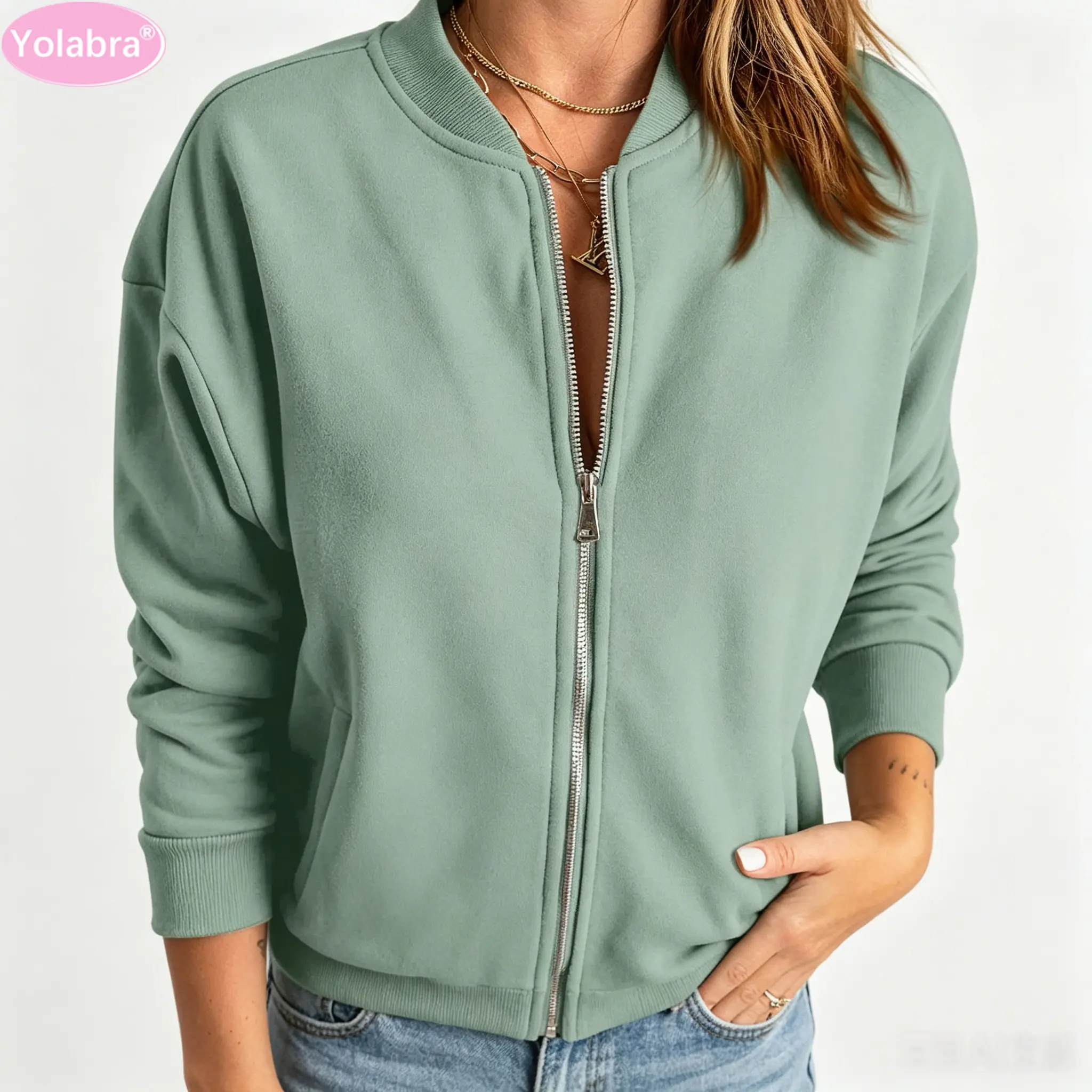 Yolabra Women Solid Color Zip Up Jacket Long Sleeve Outerwear Cropped Casual Sports Cardigan Daily Street Workout Travel Dating Trendy Minimalist Comfy Outerwear Chic Ladies Short Athletic Coat