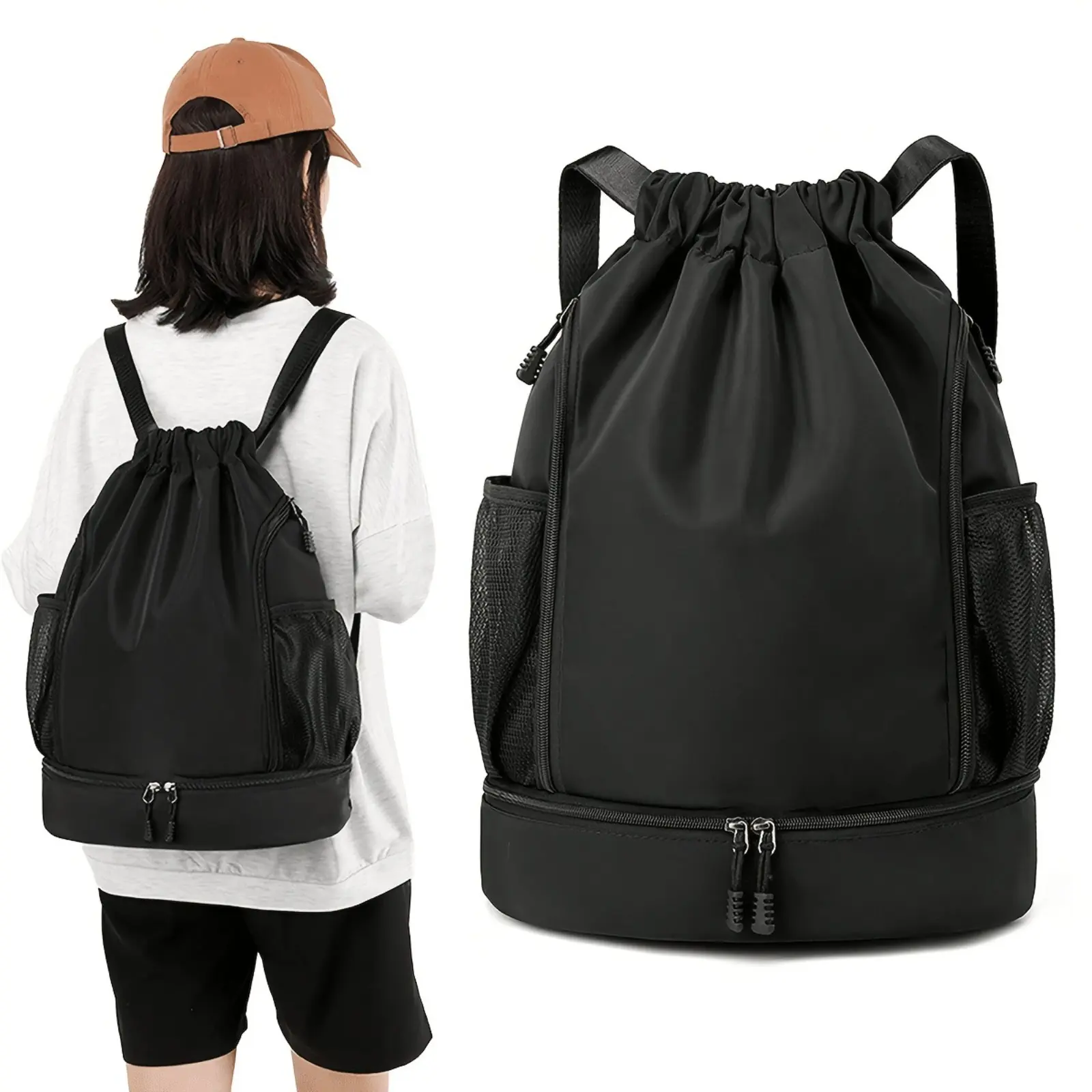 Waterproof Sports Drawstring Backpack with Separate Shoe Compartment, Unisex Lightweight Multi-Pocket Gym Bag for Swimming, Fitness & Travel, Lightweight Bag