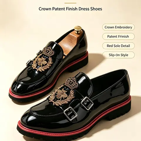 Men's Luxury Embroidered Double Buckle Loafers, Business Style Loafers, Metal Chain Decor, Trendy Colorblock Sole, Casual Formal Shoes, Retro Badge, Thick Sole, PU Leather Footwear, Business Shoes