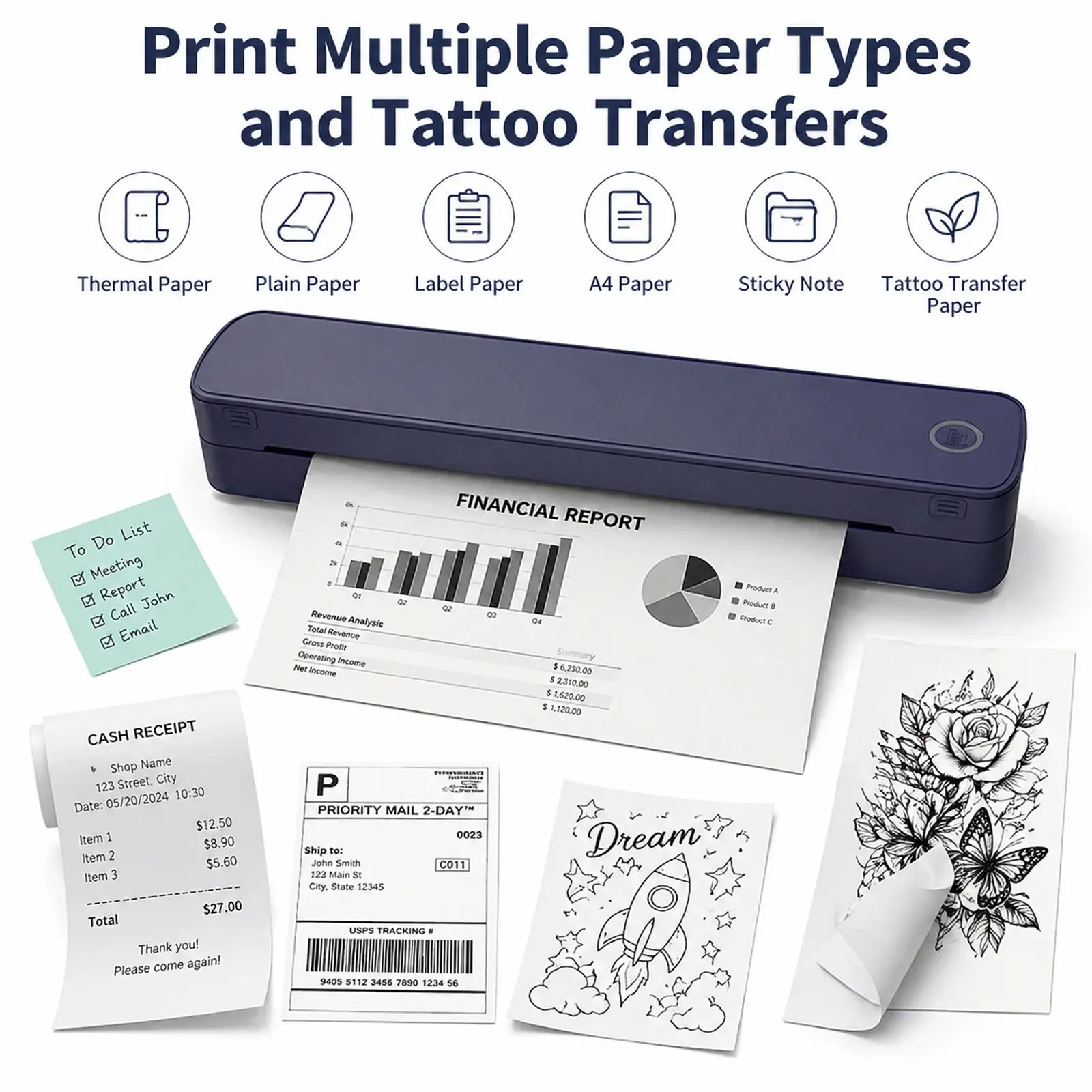 Portable Bluetooth-compatible Thermal Printer, Inkless A4 Tattoo Template Printer, Includes 5 Transfer Papers, Compatible with Smartphones and Tablets