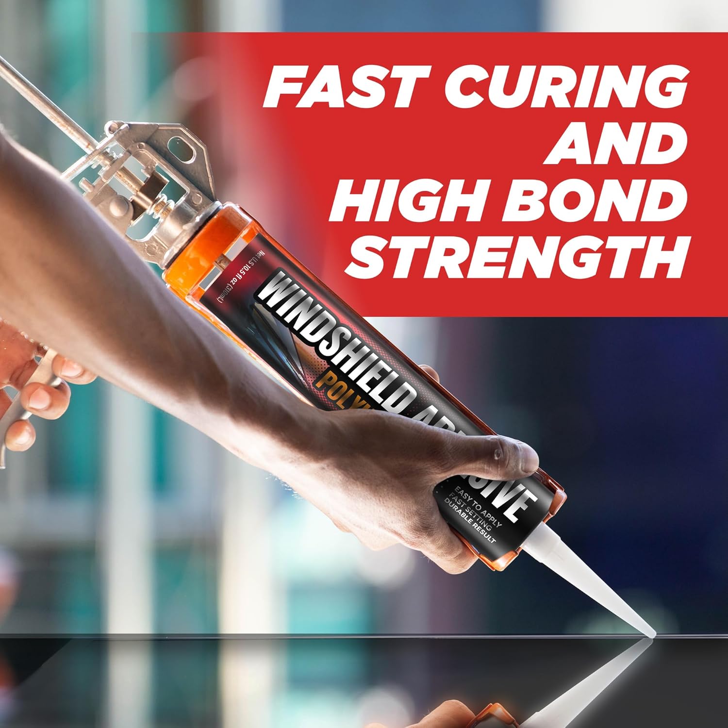 Polyurethane Windshield Adhesive - Quick Curing & Weather Resistant Auto Glass Adhesive, Vertical & Overhead Application, Windshield Repair Kit with Gloves, Applicator Tip &  - 310ml Black