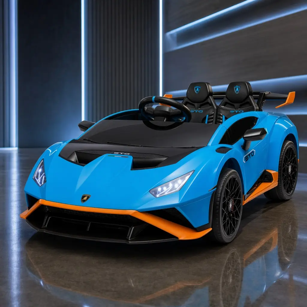 ARCH 24V Lamborghini Huracan STO Kids Ride-On Drift Car with Remote, 360° Spin, LED Lights, Music, Foam Wheels, Safety Harness, Ages 3-6