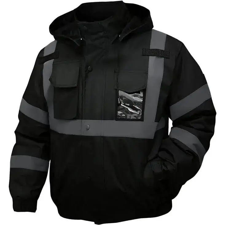 High Visibility Reflective Jacket for Men, Waterproof Safety Jacket with Pockets, Black Work Construction Coat for Winter Cold Weather