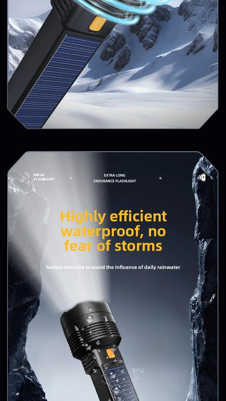 Solar Powered Flashlight, High Brightness Long Range Rechargeable Portable Torch, Concentrated Light for Camping Hiking Emergency