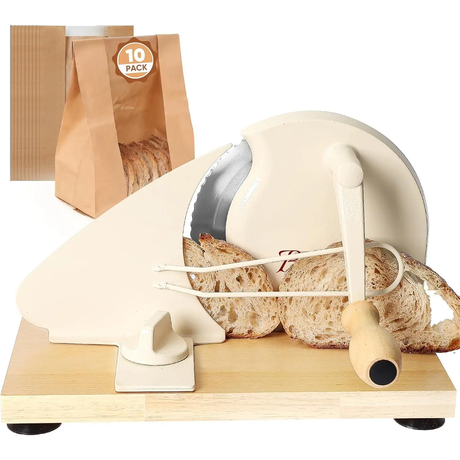 Manual Bread Slicer for Homemade Sourdough,Adjustable Thickness,Hand Crank Bread Slicer with Stainless Steel Blade, Aluminum Alloy Frame & Solid Wood Base,Comes with 10 Bread Bags,Bread, Toast, Sausage, Frozen Meat Slicer