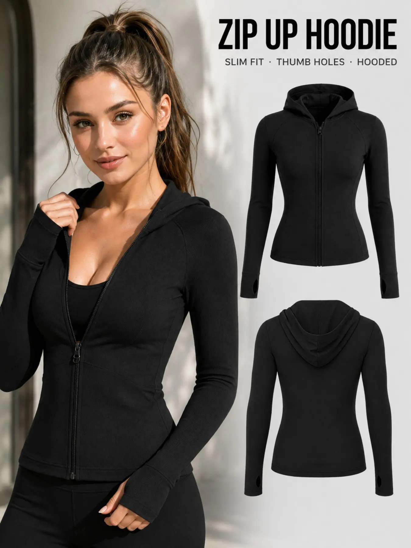 Women’s Solid Slim-Fit Hooded Athletic Jacket, High-Stretch Sculpting Zip-Up Workout Top with Thumbholes for Yoga, Running and Fitness, Workout Jackets