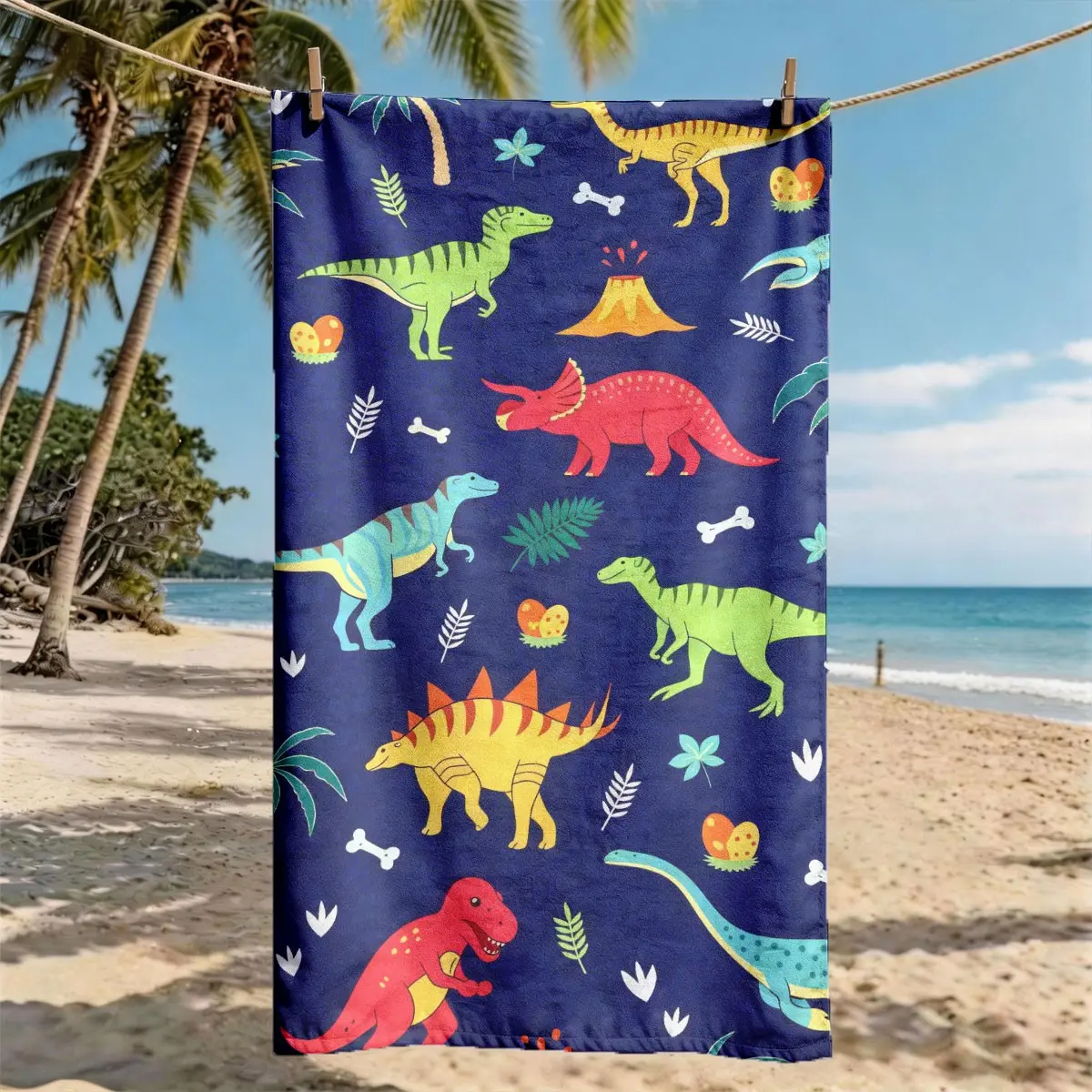 "Cute Cartoon Dinosaur Park" Beach Towel, Oversized, Quick-Drying, Ultra-Soft Polyester, Multi-Use for Travel, Swimming, Camping, Fitness, Perfect Choice for Beach Vacations, Machine Washable, The Best Gift for Friends and Family