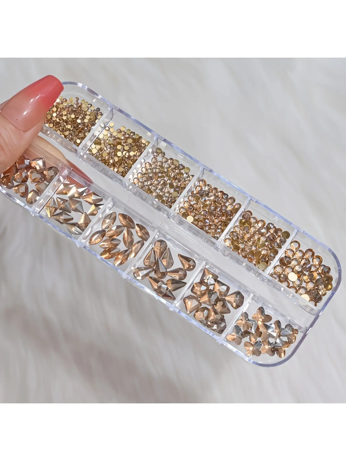 12 grid champagne crystal rhinestone nail accessories, crystal gemstone diamond crafts, multi shape and size shiny gold flat rhinestones, nail rhinestones, jewelry decoration, crafts, clothing and shoes
