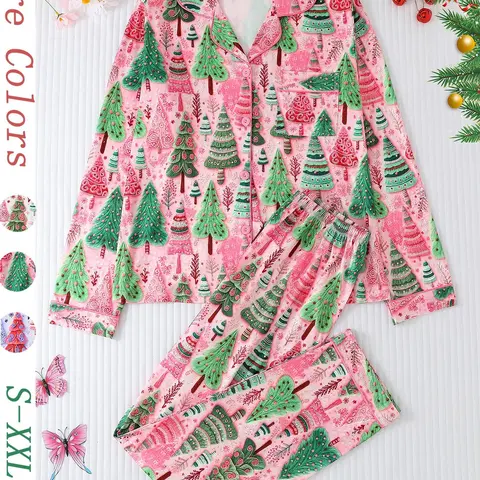 Women's Christmas Tree Print Pajama Set, Button Front Long Sleeve Top & Comfortable Pants, Casual Fitted Sleepwear & Loungewear for All Seasons, Printed Sleepwear Set