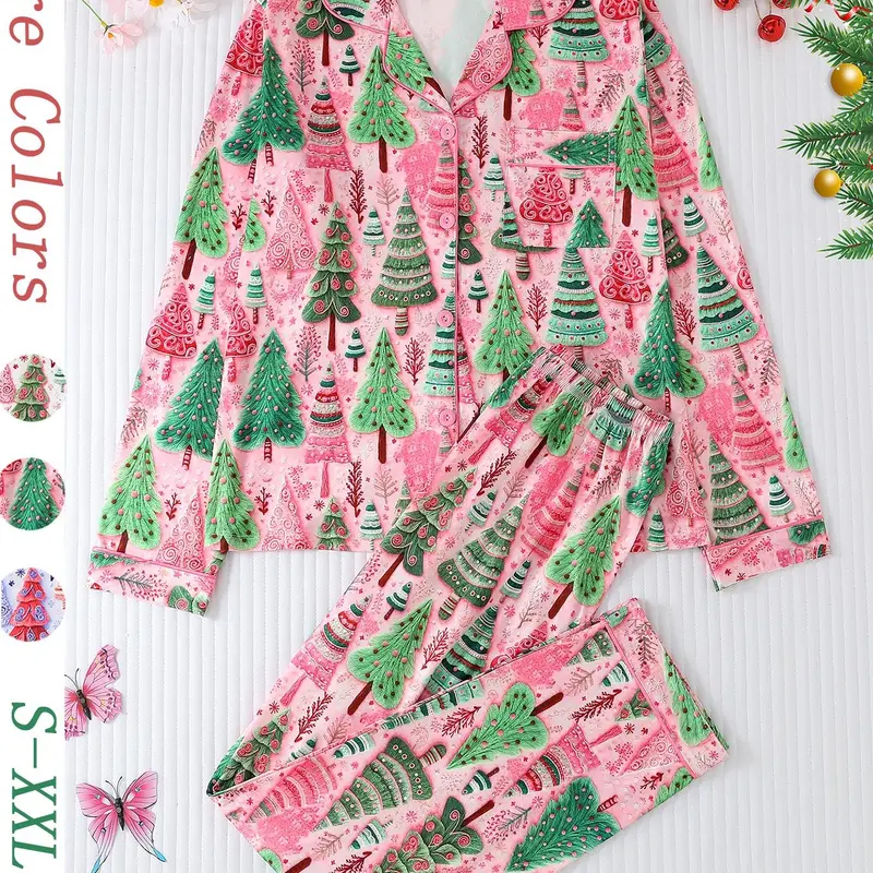 Women's Christmas Tree Print Pajama Set, Button Front Long Sleeve Top & Comfortable Pants, Casual Fitted Sleepwear & Loungewear for All Seasons, Printed Sleepwear Set