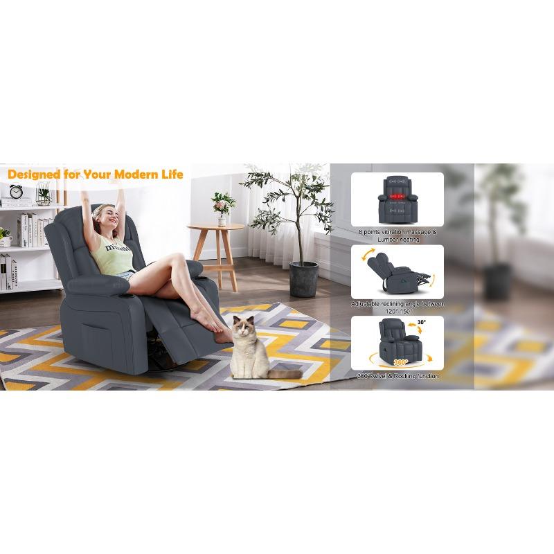 Massage Recliner Chair with Heating - 360 Degree Swivel Rocking for Adults, Reclining Sofa with Side Pocket, Living Room Use Grey Massage Recliner Chair with Heating - 360 Degree Swivel Rocking for Adults, Reclining Sofa with Side Pocket, Living Room Use Grey