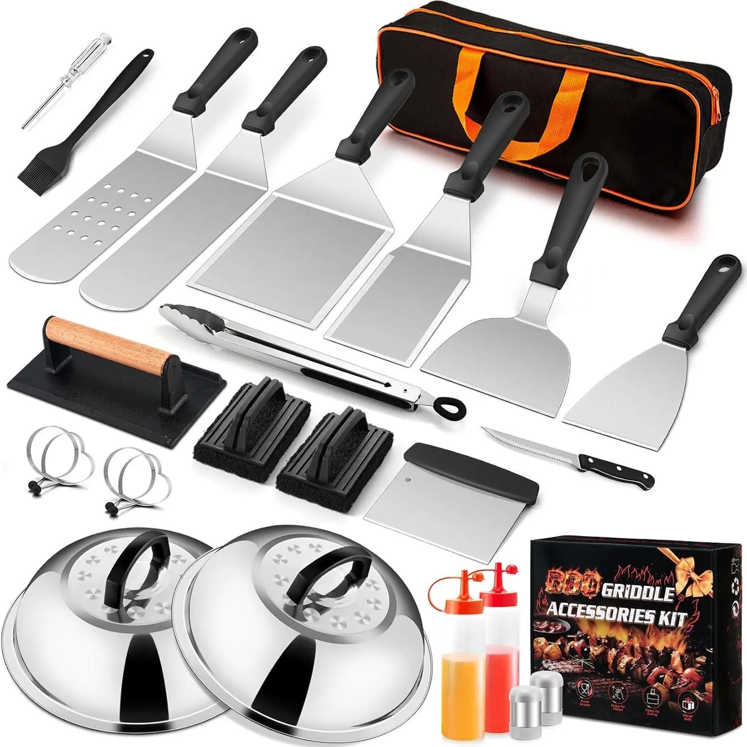25Pcs Griddle Accessories Kit for Blackstone, Stainless Steel Flattop Grilling Spatula Accessory Tools Set with Smash Burger Press Basting Cover for Outdoor BBQ Hibachi Cooking (PP Handle)Gift.