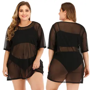 Women Loose See Through Mesh Swim Cover Up, Plus Size Sexy Transparent Beach Wrap Dress Summer Pool Bikini Coverup