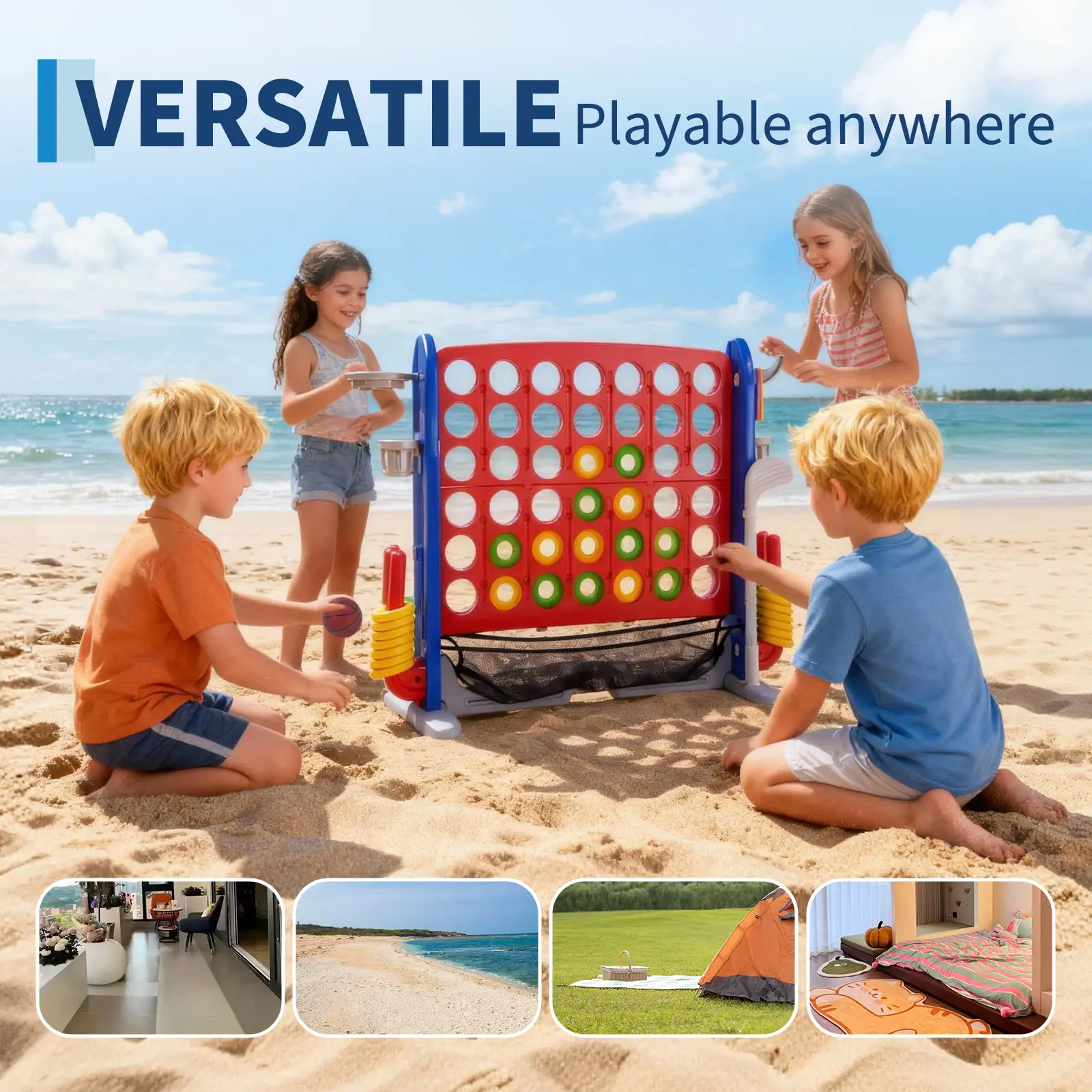 4-in-1 Giant Connect Game Set for Kids & Adults – Adjustable Height, Basketball Hoop, Ring Toss & Net – Jumbo Outdoor Yard Game, Quick Release, Perfect for Backyard, Events & Family Gatherings