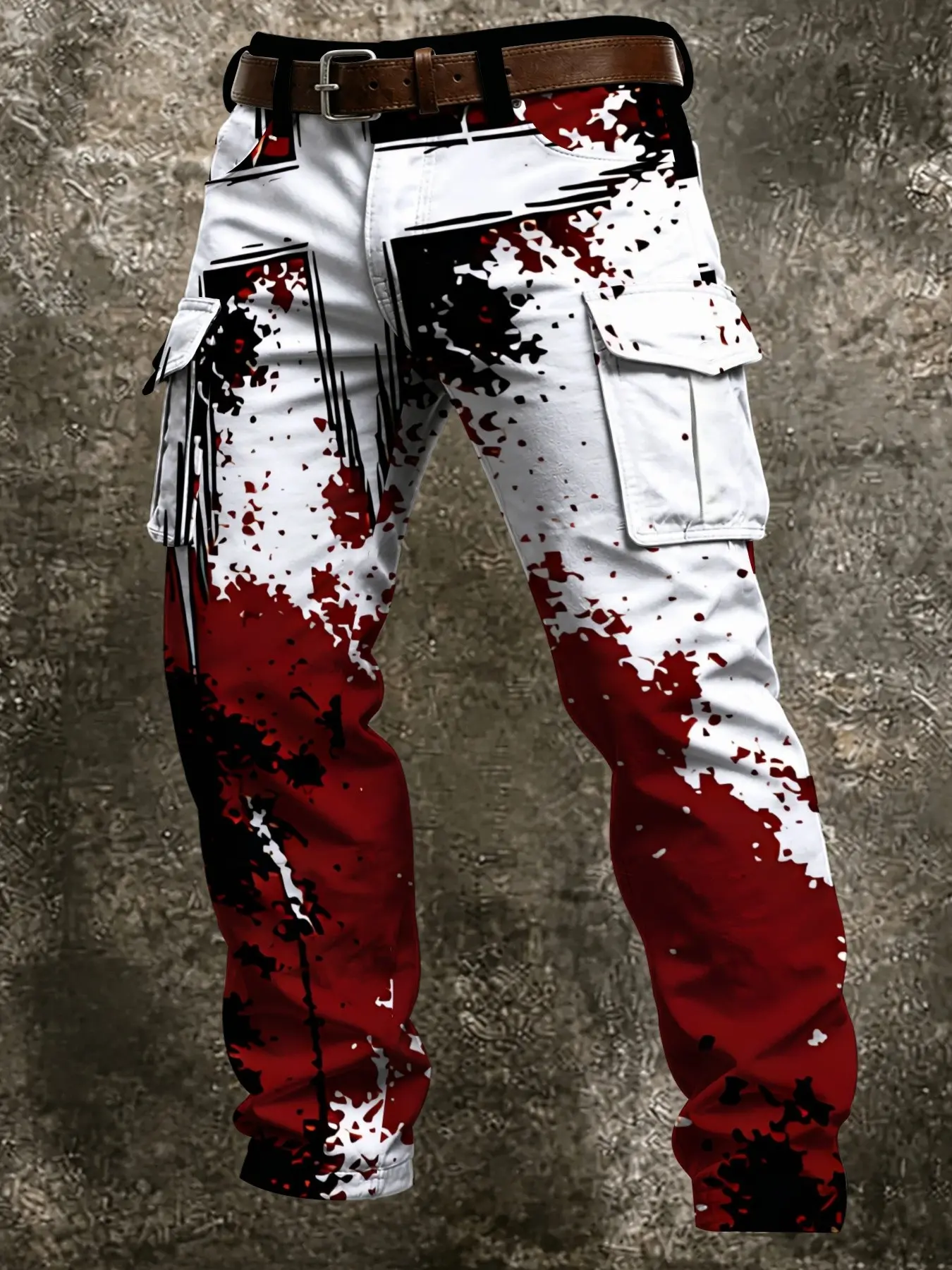 Men's Halloween Horror Blood Splatter Print Work Pants, Multi-Pocket Straight Leg, Casual Slim-Fit Long Trousers, Trendy Fashion, Casual Streetwear Pocket