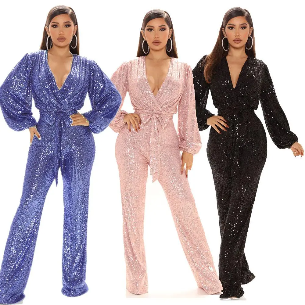 Women's Elegant Sequin Jumpsuit, Long Sleeve Deep V-Neck Wide Leg Pantsuit for Formal Evening Parties, Overalls, Minimalist, Basic