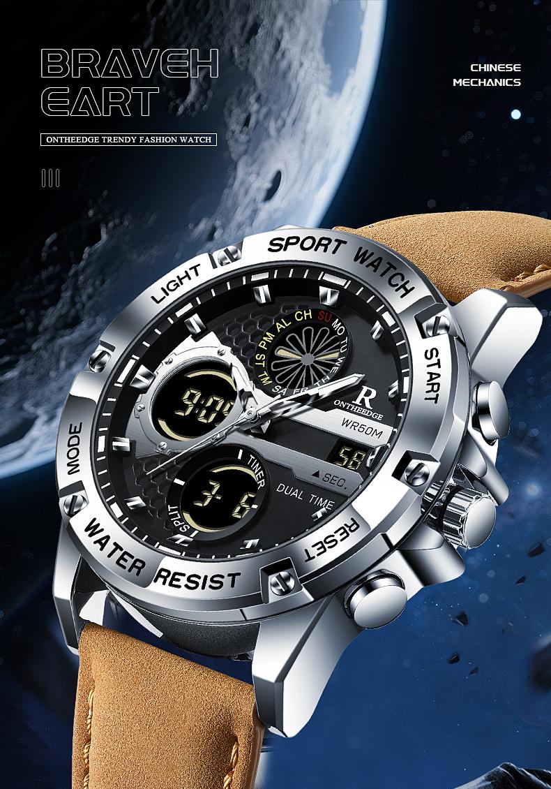 Men's Military Sport Digital Analog Quartz Watch - 50M Waterproof Wristwatch with LED Backlight, Dual Time, Alarm, Stopwatch, Tactical Outdoor Watch for Men, Brown Leather Strap, Perfect Gift for Him