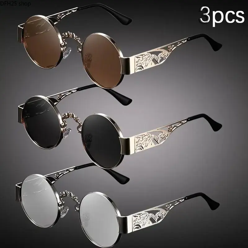 Unisex Vintage Sunglasses 3 Piece Set With Double Dragon Hollow Metal Frame, Lightweight Retro Eyewear Accessory for Streetwear, Casual Style And Everyday Wear