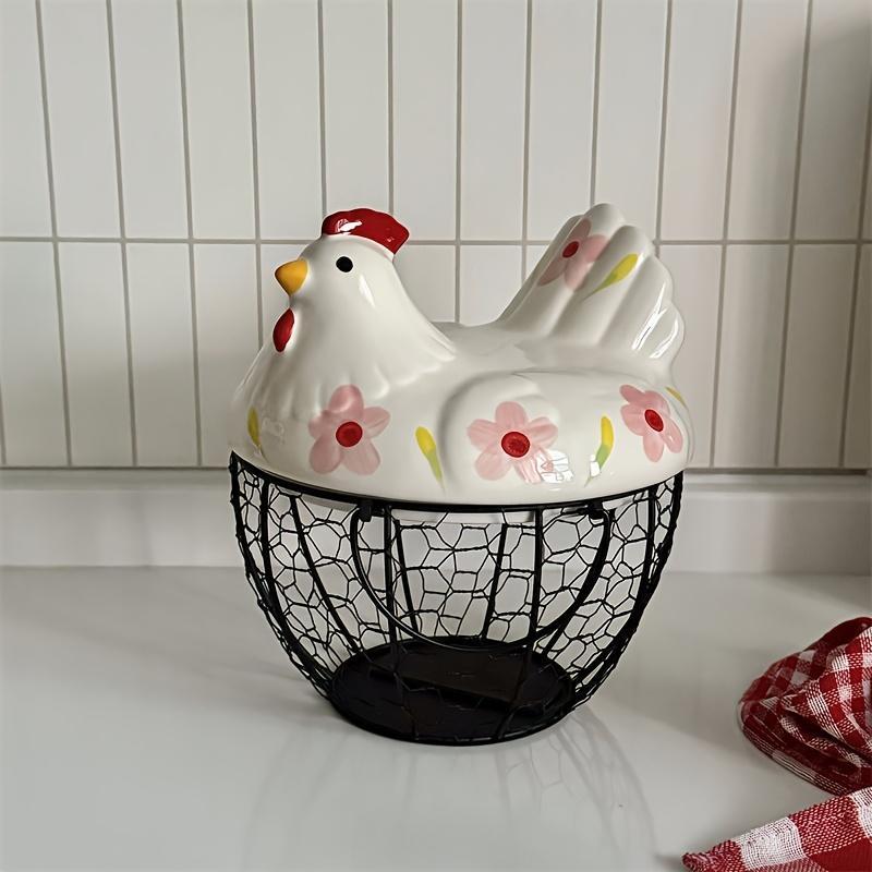 Ceramic Egg Basket with Metal Wire and Lid, Multifunctional Kitchen Storage Box, Decorative Food Organizer for Eggs, Fruits, Vegetables, Multipurpose Basket Decorative Ornaments