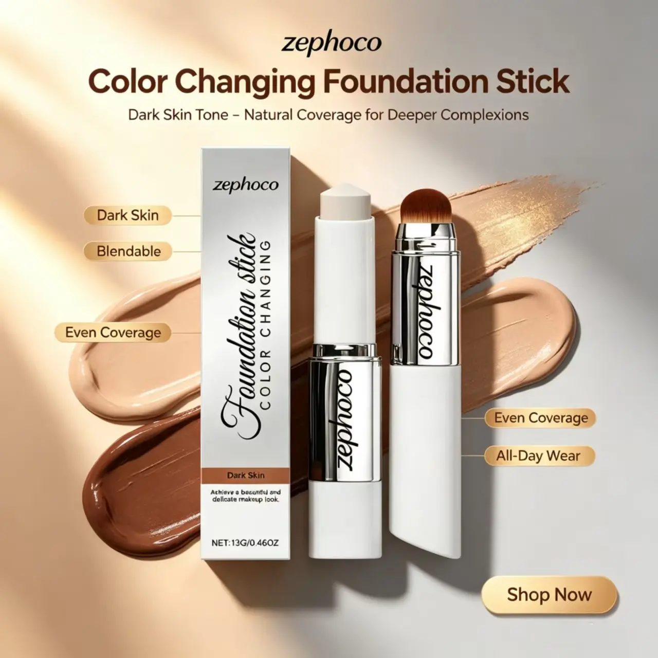 Zephoco Deep Skin Tone Color Changing Concealer Foundation Stick, Ethylhexyl Palmitate & Titanium Dioxide Formula, Cover Imperfections Blur Pores & Fine Lines, Create Smooth Porcelain Flawless Skin,Radiant,Serum,Foundation wi,water,resistant,faux,freckles