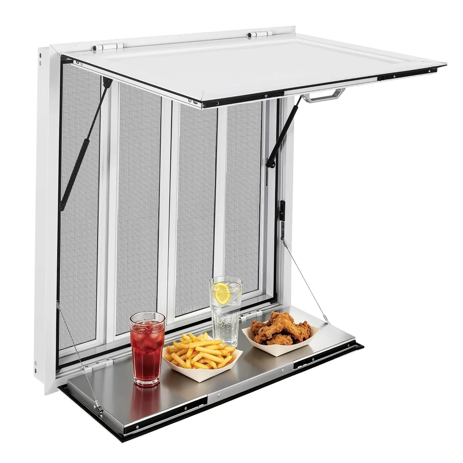 VEVOR Aluminum Alloy Concession Window Folding Shelf, 36x36in Service Window with 4 Sliding Screens, Awning Door, Drag Hook, 85-Degree Fold, Rain-Resistant for Food Truck