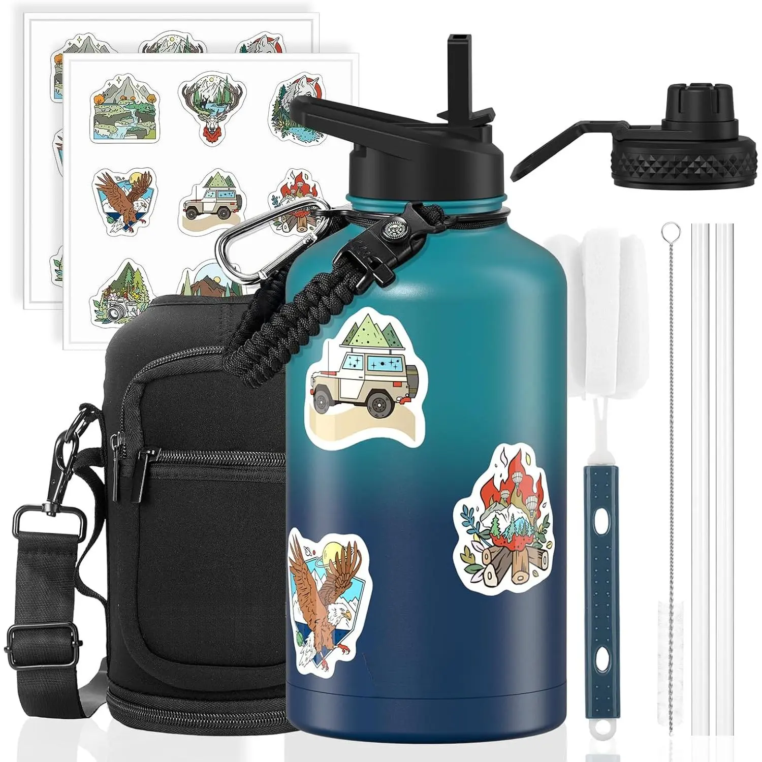 64oz Insulated Water Bottle (Cold for 48 Hrs),BPA Free&Leak Proof,Half Gallon Stainless Steel Water Flask,Water Jug with Straw Spout Lids for Gym,Hiking,Camping,Black Blue