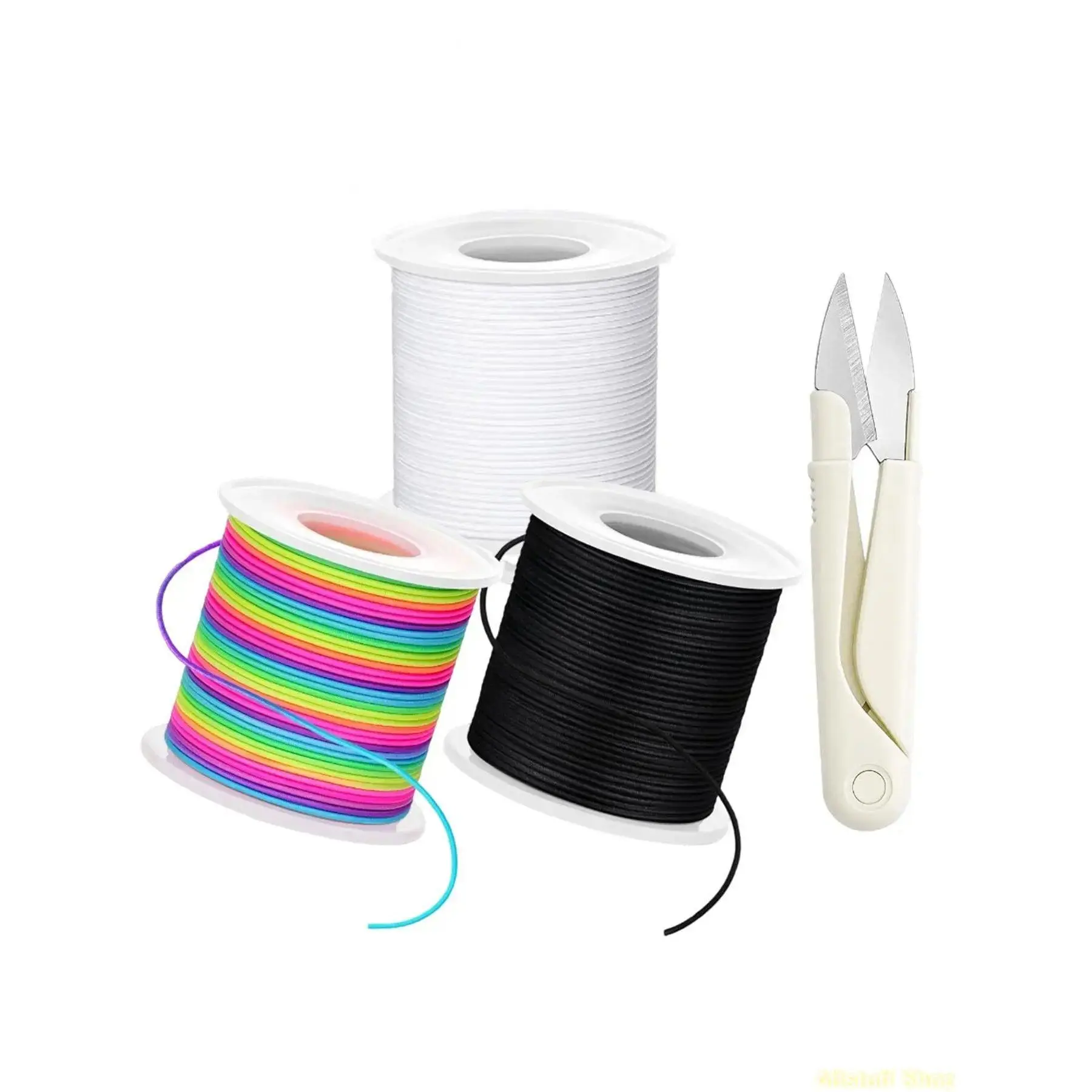 Jewelry Making Cord Set, 3 Rolls of 1mm High Stretch Polyester Elastic Cord, Extra-Long 495ft for Bracelets and Beading, Includes Scissors (Black, White, Rainbow)