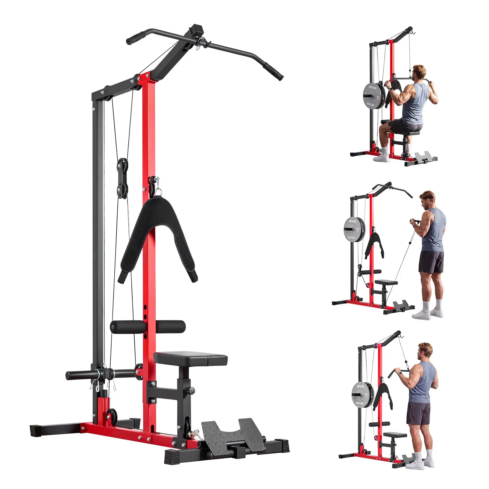 LAT Pull Down Machine, 3-in-1 Row Cable Machine, Cable Machines Home Gym with 3-Level Adjustable Seat, 4-Level Adjustable Foam Roller, Load 400 lbs Lat Tower for Back, Chest, Tricep, Black