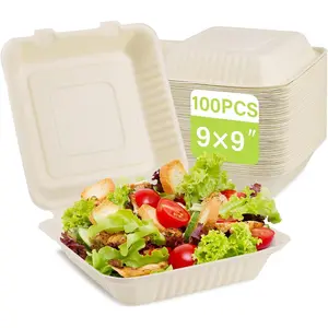 Clamshell Take Out Food Container 100 Pack, 9X9 Compostable Food Container, Disposable To Go Boxes, Made From Eco-Friendly Biodegradable Sugarcane Fibers